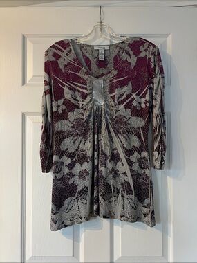 Style & Co. Plum and Gray Floral Pleated V-Neck Tunic with Embellished Front